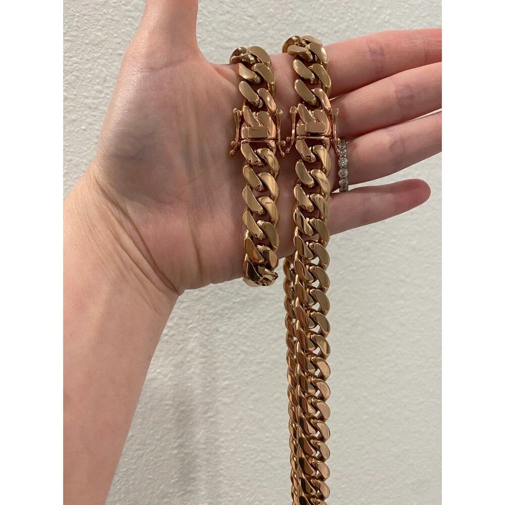 Brand new 18k rose gold Cuban link chain and bracelet set
